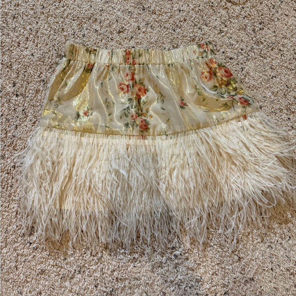 LoveShackFancy Feather trim metallic mini skirt size Small Petite length